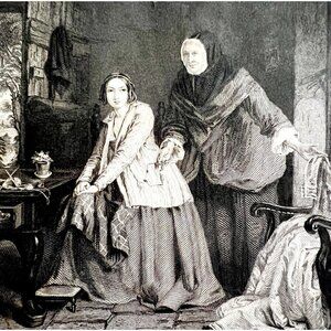 The Hearts Resolve Engraving 1859 Victorian Silk Dress Beautiful Woman Art DWY5G